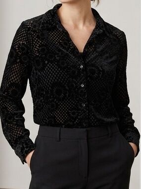 Vintage Cleo Petites Silk And Viscose Black Velvet Button-Up Top